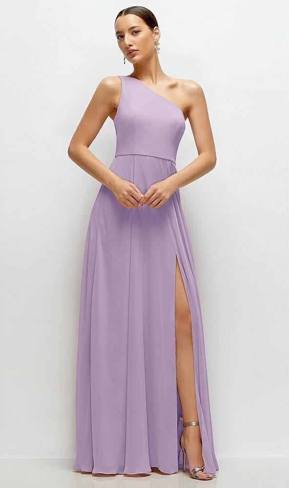 Front View - Pale Purple Chiffon One-Shoulder Maxi Dress with Circle Skirt