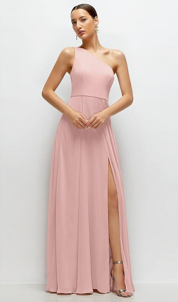 Front View - Rose - PANTONE Rose Quartz Chiffon One-Shoulder Maxi Dress with Circle Skirt