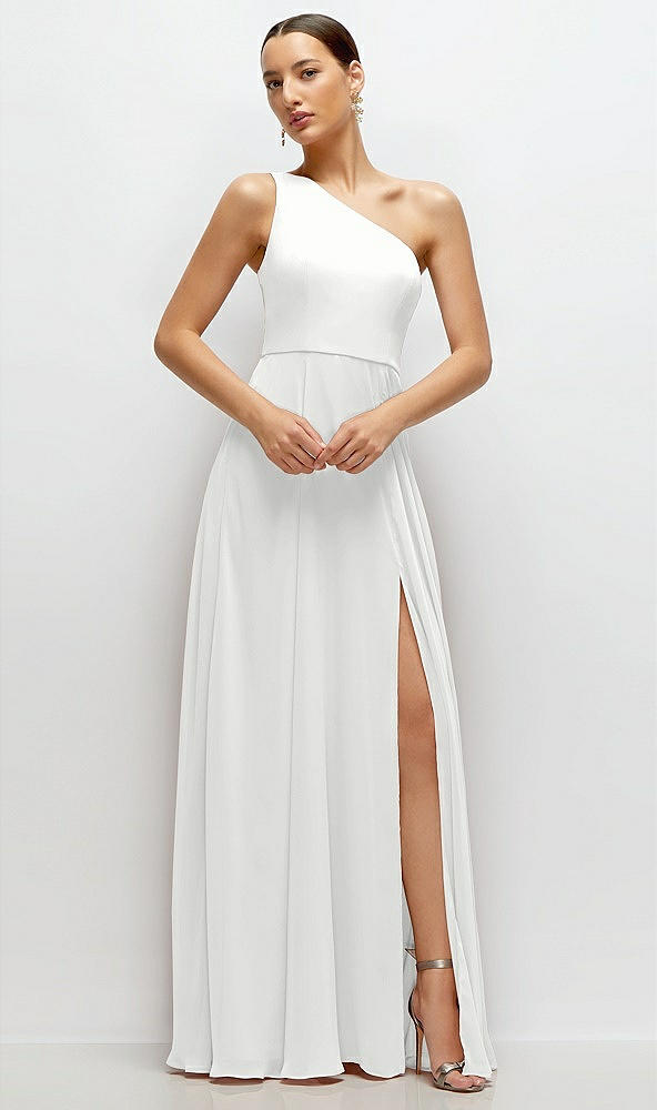 Front View - White Chiffon One-Shoulder Maxi Dress with Circle Skirt