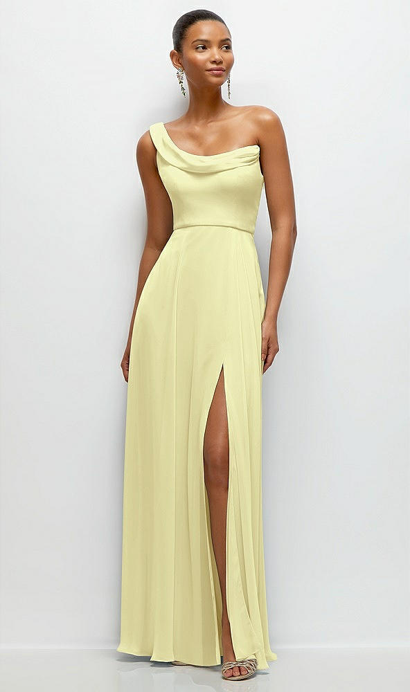 Front View - Butter Yellow Chiffon One-Shoulder Maxi Dress with Draped Cowl Neckline