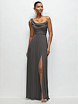 Front View Thumbnail - Caviar Gray Chiffon One-Shoulder Maxi Dress with Draped Cowl Neckline