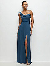 Front View Thumbnail - Dusk Blue Chiffon One-Shoulder Maxi Dress with Draped Cowl Neckline