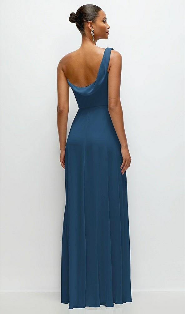 Back View - Dusk Blue Chiffon One-Shoulder Maxi Dress with Draped Cowl Neckline