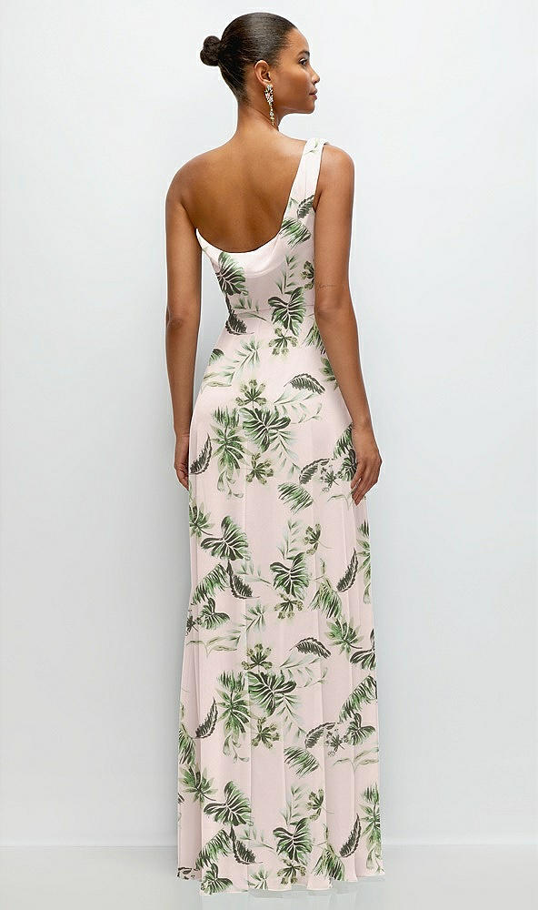 Back View - Palm Beach Print Chiffon One-Shoulder Maxi Dress with Draped Cowl Neckline