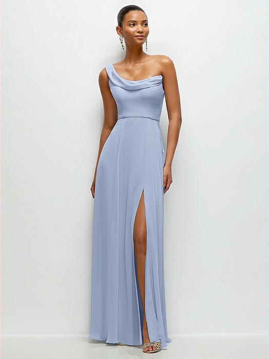 Chiffon One-Shoulder Maxi Dress with Draped Cowl Neckline