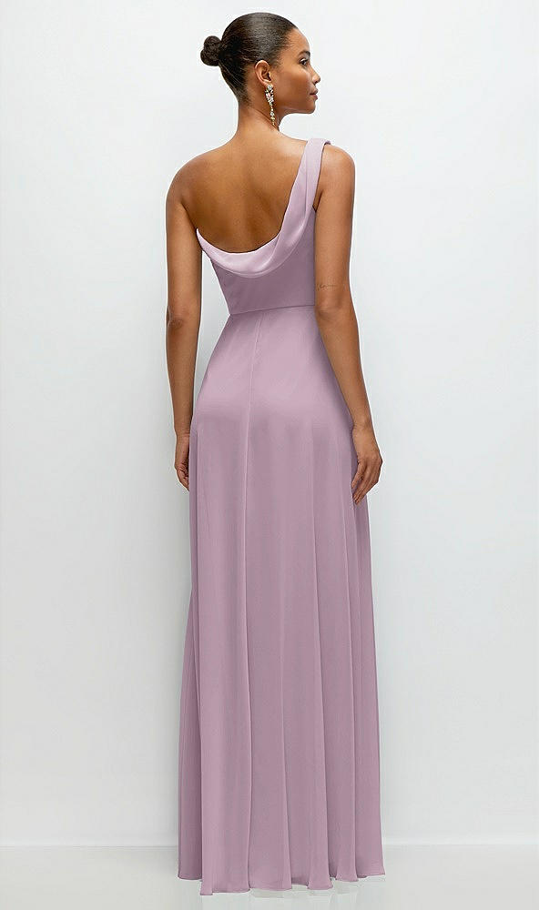 Back View - Suede Rose Chiffon One-Shoulder Maxi Dress with Draped Cowl Neckline