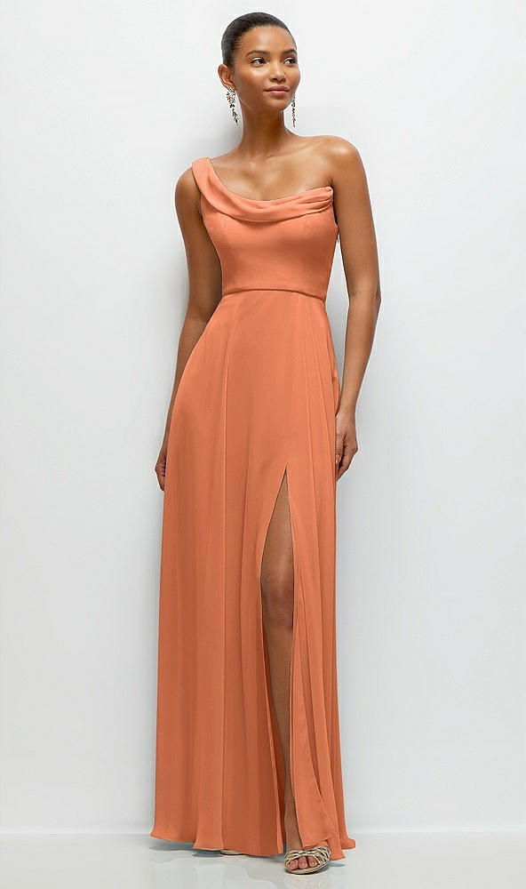 Front View - Sweet Melon Chiffon One-Shoulder Maxi Dress with Draped Cowl Neckline