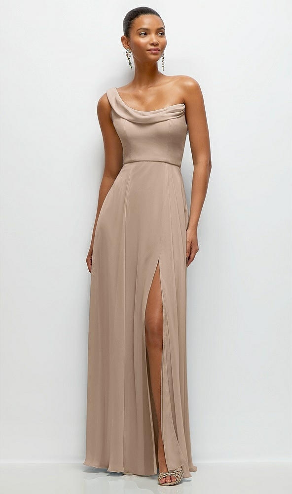 Front View - Topaz Chiffon One-Shoulder Maxi Dress with Draped Cowl Neckline