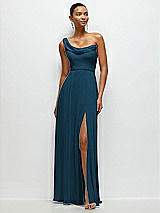 Front View Thumbnail - Atlantic Blue Chiffon One-Shoulder Maxi Dress with Draped Cowl Neckline