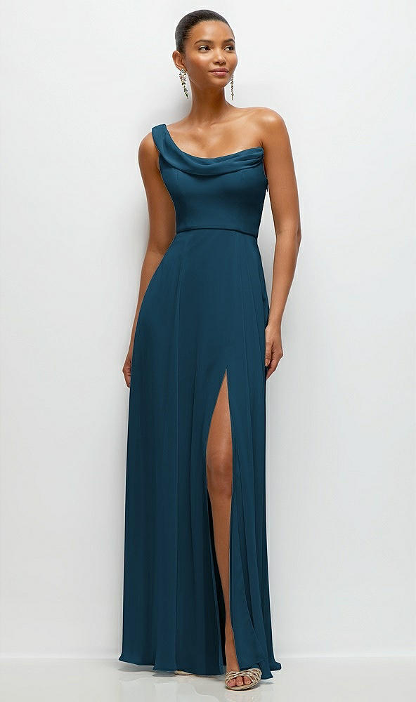 Front View - Atlantic Blue Chiffon One-Shoulder Maxi Dress with Draped Cowl Neckline