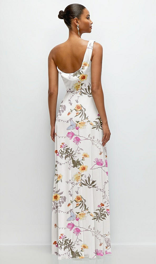 Back View - Butterfly Botanica Ivory Chiffon One-Shoulder Maxi Dress with Draped Cowl Neckline