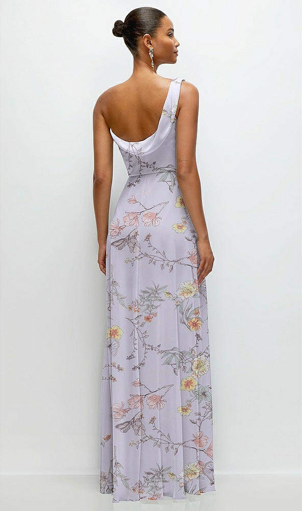 Back View - Butterfly Botanica Silver Dove Chiffon One-Shoulder Maxi Dress with Draped Cowl Neckline