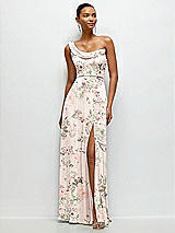 Front View Thumbnail - Blush Garden Chiffon One-Shoulder Maxi Dress with Draped Cowl Neckline