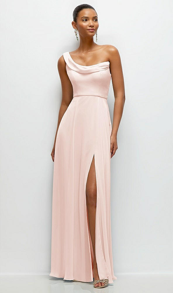 Front View - Blush Chiffon One-Shoulder Maxi Dress with Draped Cowl Neckline