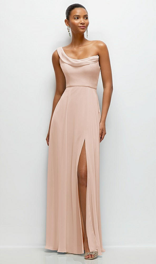 Front View - Cameo Chiffon One-Shoulder Maxi Dress with Draped Cowl Neckline