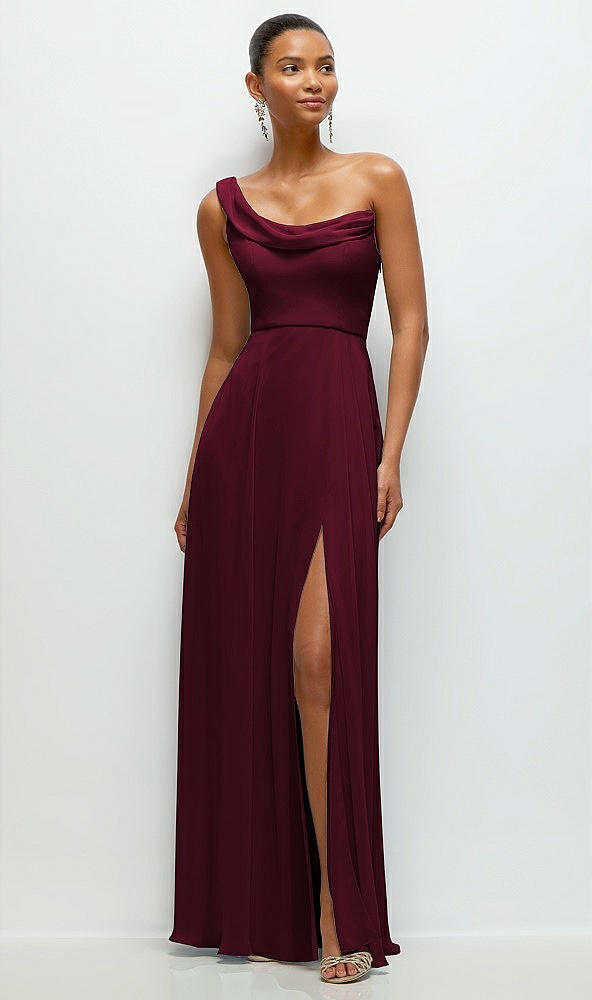 Front View - Cabernet Chiffon One-Shoulder Maxi Dress with Draped Cowl Neckline