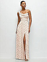 Front View Thumbnail - Coquette Floral Print Chiffon One-Shoulder Maxi Dress with Draped Cowl Neckline