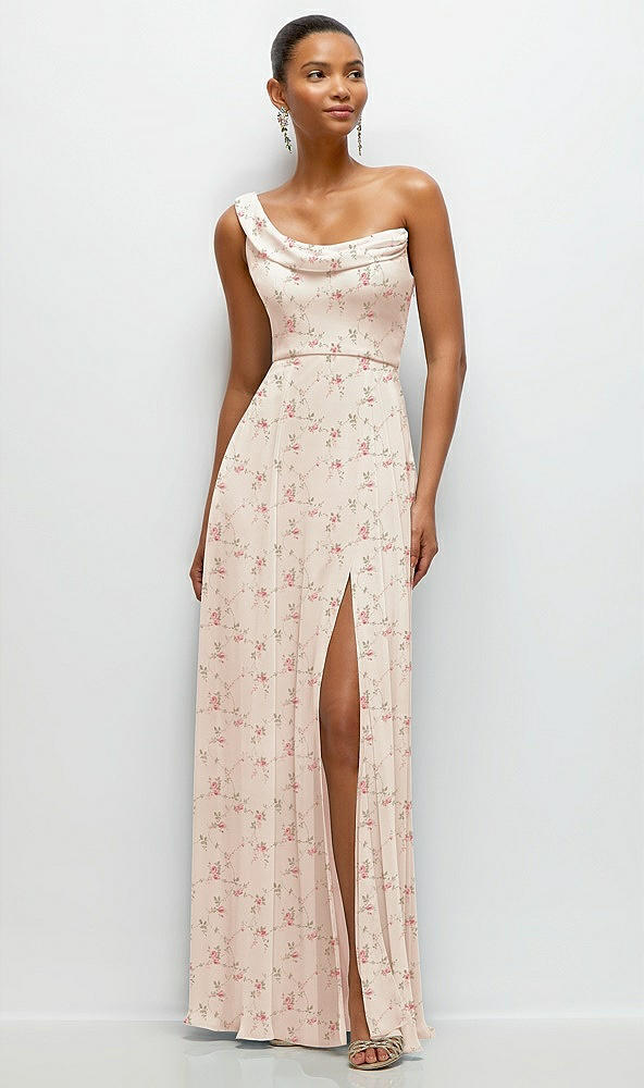 Front View - Coquette Floral Print Chiffon One-Shoulder Maxi Dress with Draped Cowl Neckline