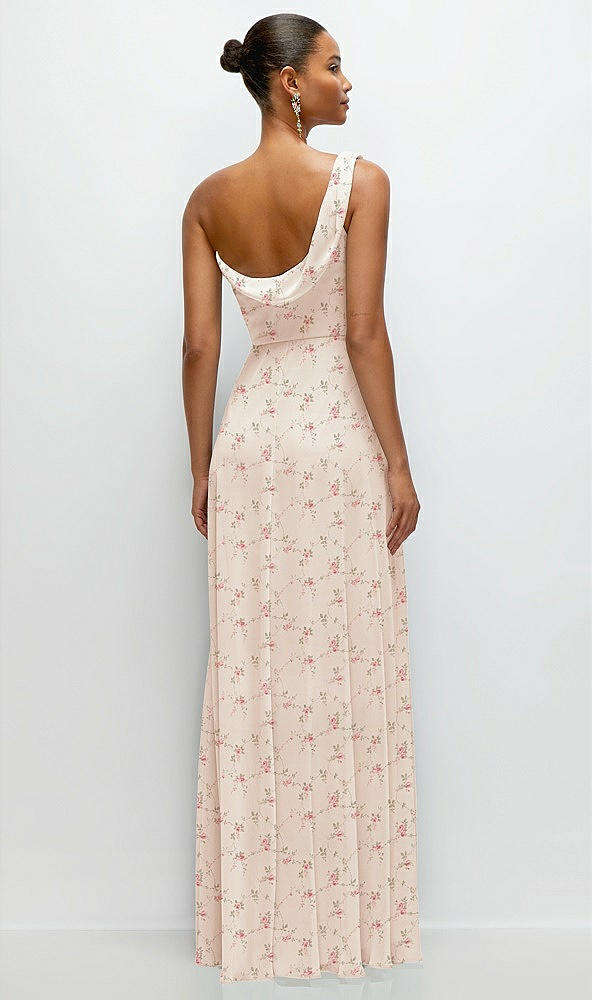 Back View - Coquette Floral Print Chiffon One-Shoulder Maxi Dress with Draped Cowl Neckline