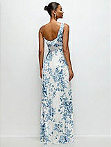 Rear View Thumbnail - Cottage Rose Dusk Blue Chiffon One-Shoulder Maxi Dress with Draped Cowl Neckline