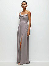 Side View Thumbnail - Cashmere Gray Chiffon One-Shoulder Maxi Dress with Draped Cowl Neckline