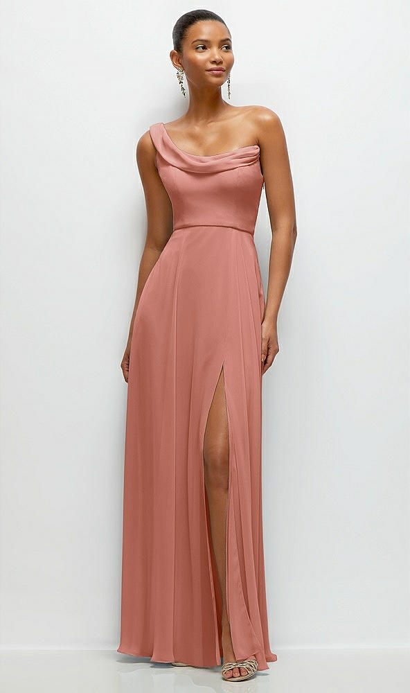 Front View - Desert Rose Chiffon One-Shoulder Maxi Dress with Draped Cowl Neckline