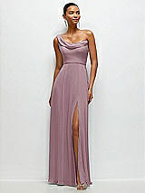 Front View Thumbnail - Dusty Rose Chiffon One-Shoulder Maxi Dress with Draped Cowl Neckline