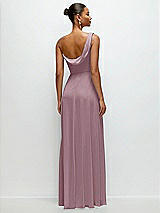 Rear View Thumbnail - Dusty Rose Chiffon One-Shoulder Maxi Dress with Draped Cowl Neckline