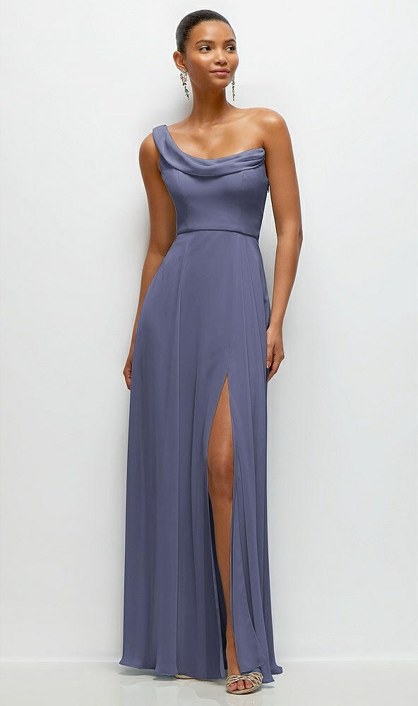 Front View - French Blue Chiffon One-Shoulder Maxi Dress with Draped Cowl Neckline