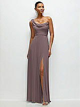 Front View Thumbnail - French Truffle Chiffon One-Shoulder Maxi Dress with Draped Cowl Neckline