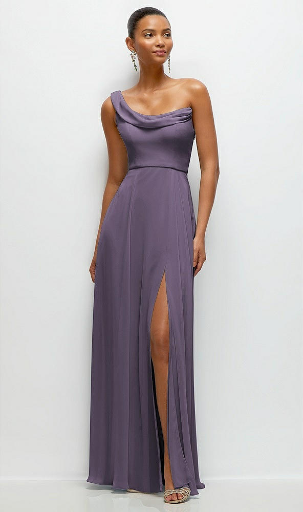 Front View - Lavender Chiffon One-Shoulder Maxi Dress with Draped Cowl Neckline