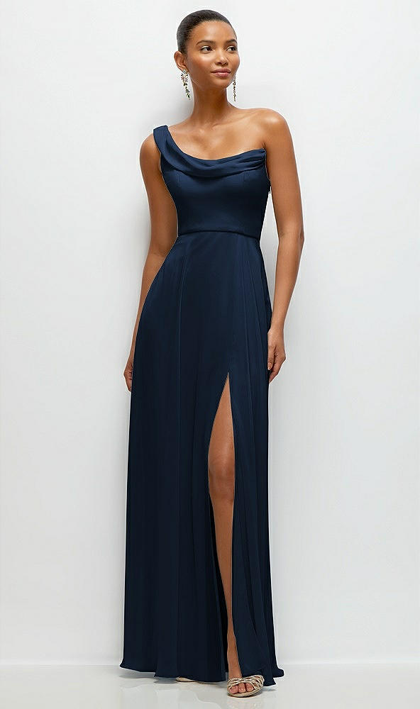 Front View - Midnight Navy Chiffon One-Shoulder Maxi Dress with Draped Cowl Neckline