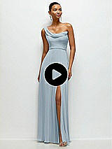 Video 1 Thumbnail - White Chiffon One-Shoulder Maxi Dress with Draped Cowl Neckline