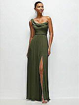 Front View Thumbnail - Olive Green Chiffon One-Shoulder Maxi Dress with Draped Cowl Neckline