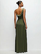 Rear View Thumbnail - Olive Green Chiffon One-Shoulder Maxi Dress with Draped Cowl Neckline