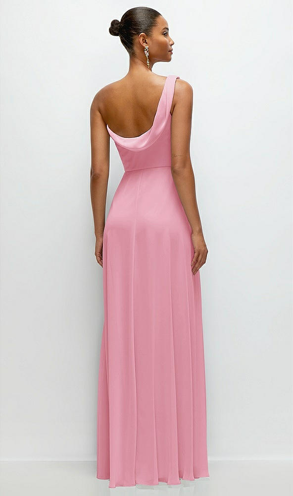 Back View - Peony Pink Chiffon One-Shoulder Maxi Dress with Draped Cowl Neckline