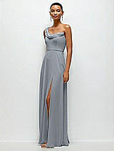 Side View Thumbnail - Platinum Chiffon One-Shoulder Maxi Dress with Draped Cowl Neckline