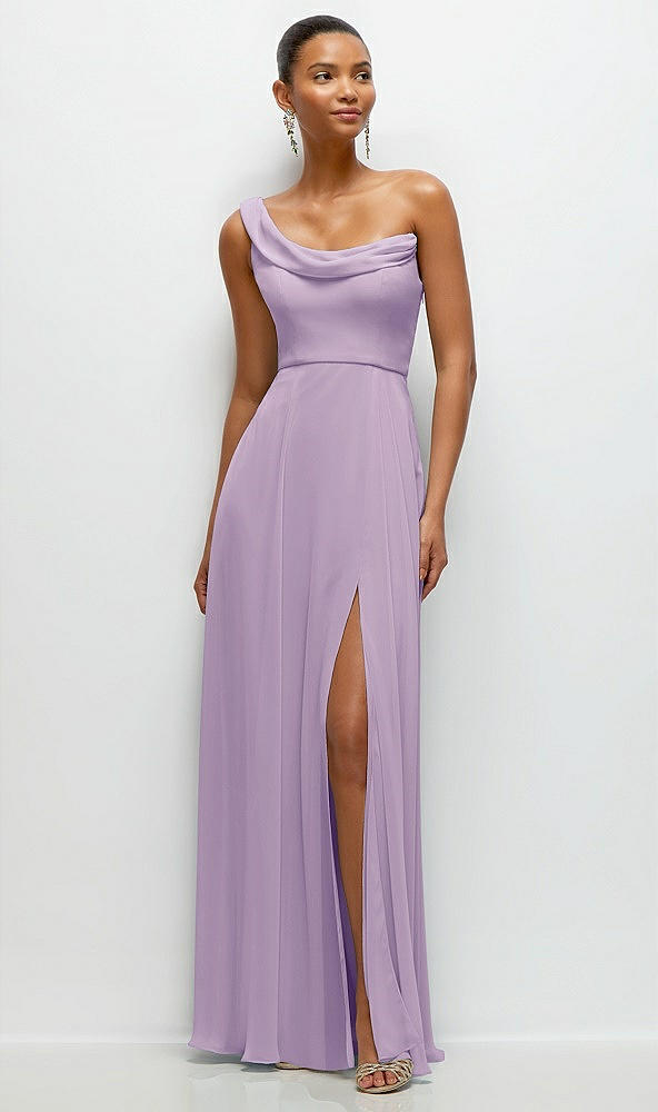 Front View - Pale Purple Chiffon One-Shoulder Maxi Dress with Draped Cowl Neckline