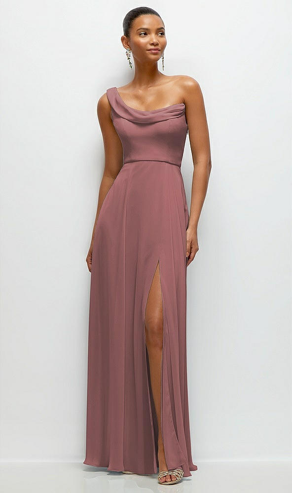 Front View - Rosewood Chiffon One-Shoulder Maxi Dress with Draped Cowl Neckline