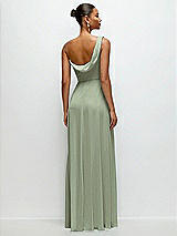 Rear View Thumbnail - Sage Chiffon One-Shoulder Maxi Dress with Draped Cowl Neckline