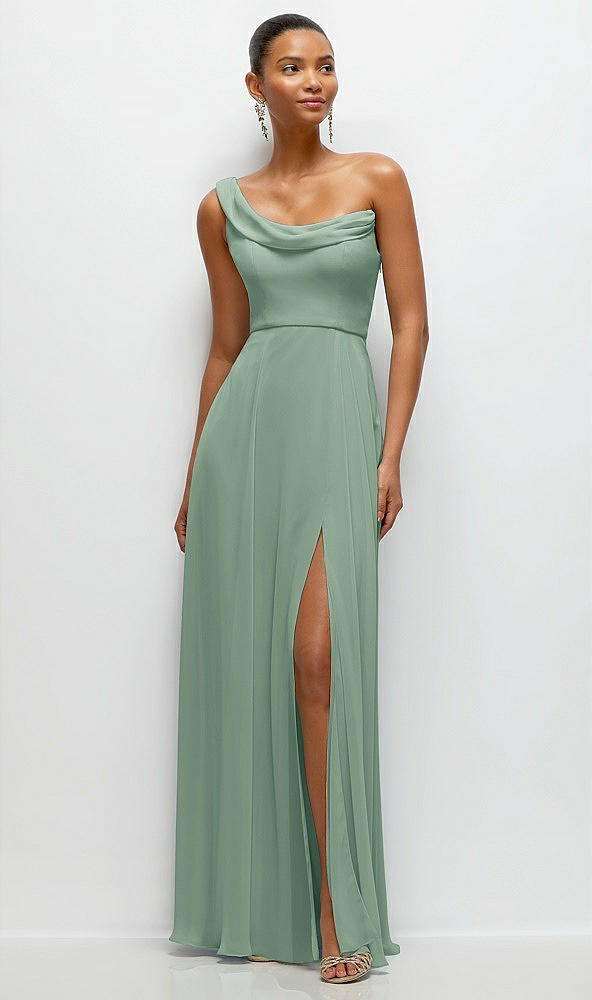 Front View - Seagrass Chiffon One-Shoulder Maxi Dress with Draped Cowl Neckline