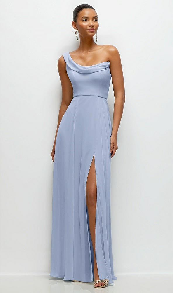 Front View - Sky Blue Chiffon One-Shoulder Maxi Dress with Draped Cowl Neckline