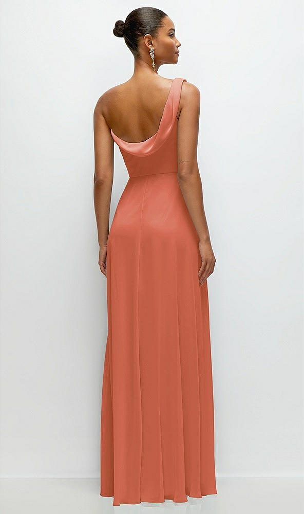 Back View - Terracotta Copper Chiffon One-Shoulder Maxi Dress with Draped Cowl Neckline