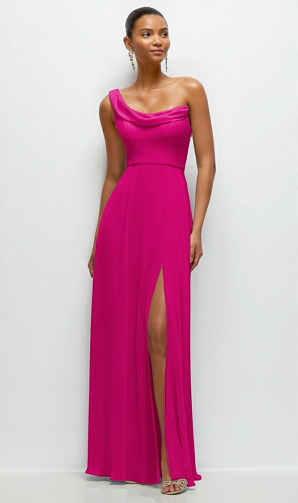 Front View - Think Pink Chiffon One-Shoulder Maxi Dress with Draped Cowl Neckline