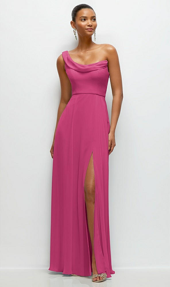 Front View - Tea Rose Chiffon One-Shoulder Maxi Dress with Draped Cowl Neckline