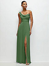 Front View Thumbnail - Vineyard Green Chiffon One-Shoulder Maxi Dress with Draped Cowl Neckline