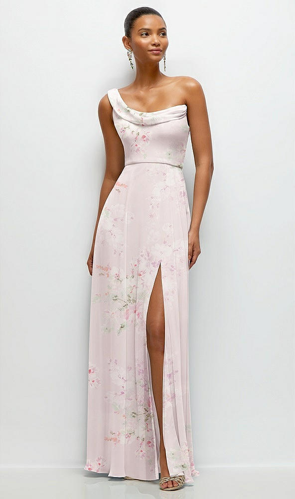 Front View - Watercolor Print Chiffon One-Shoulder Maxi Dress with Draped Cowl Neckline