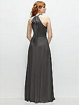 Rear View Thumbnail - Caviar Gray Shirred Halter Chiffon Maxi Dress with Back Sash-Tie Closure