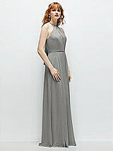 Side View Thumbnail - Chelsea Gray Shirred Halter Chiffon Maxi Dress with Back Sash-Tie Closure