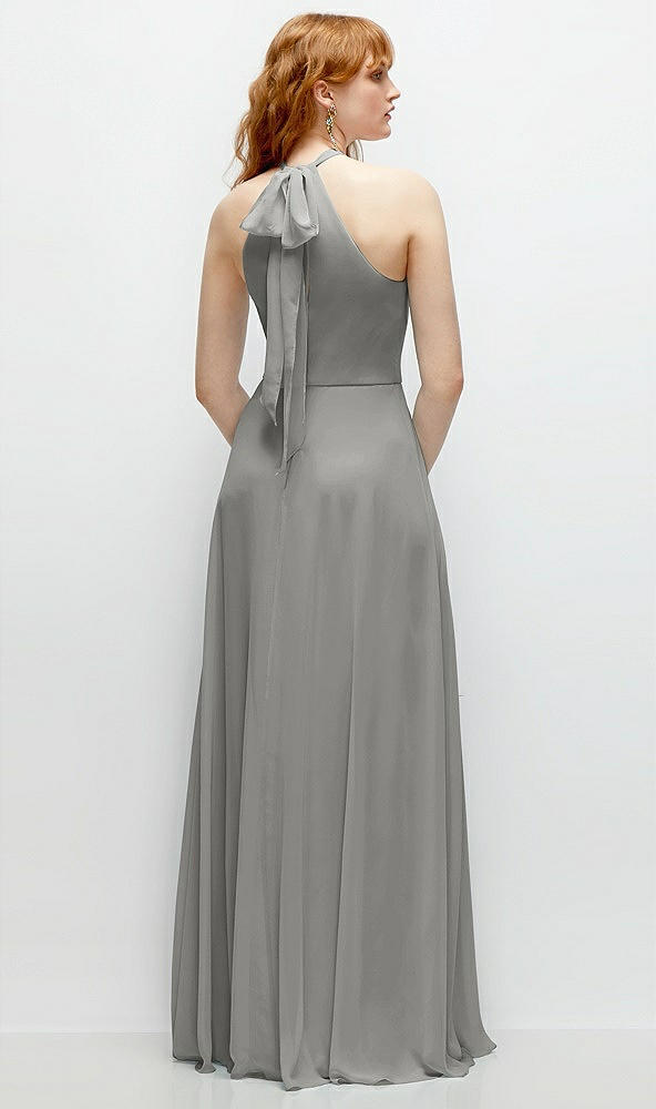 Back View - Chelsea Gray Shirred Halter Chiffon Maxi Dress with Back Sash-Tie Closure